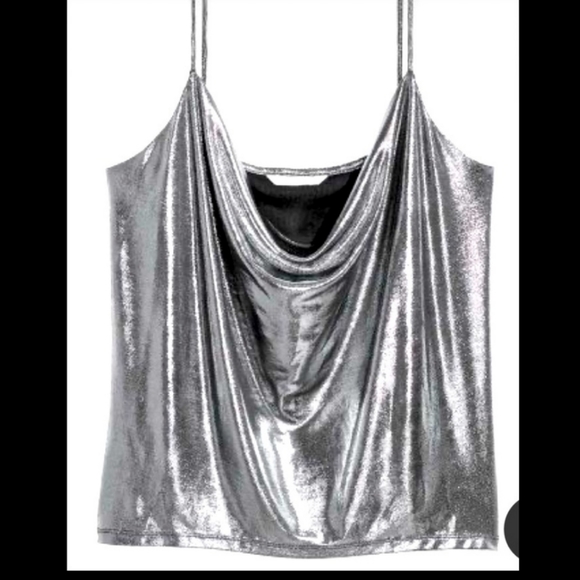 H&M Liquid Silver Draped Neckline Strappy Camisole Tank Metallic XL - Picture 2 of 12